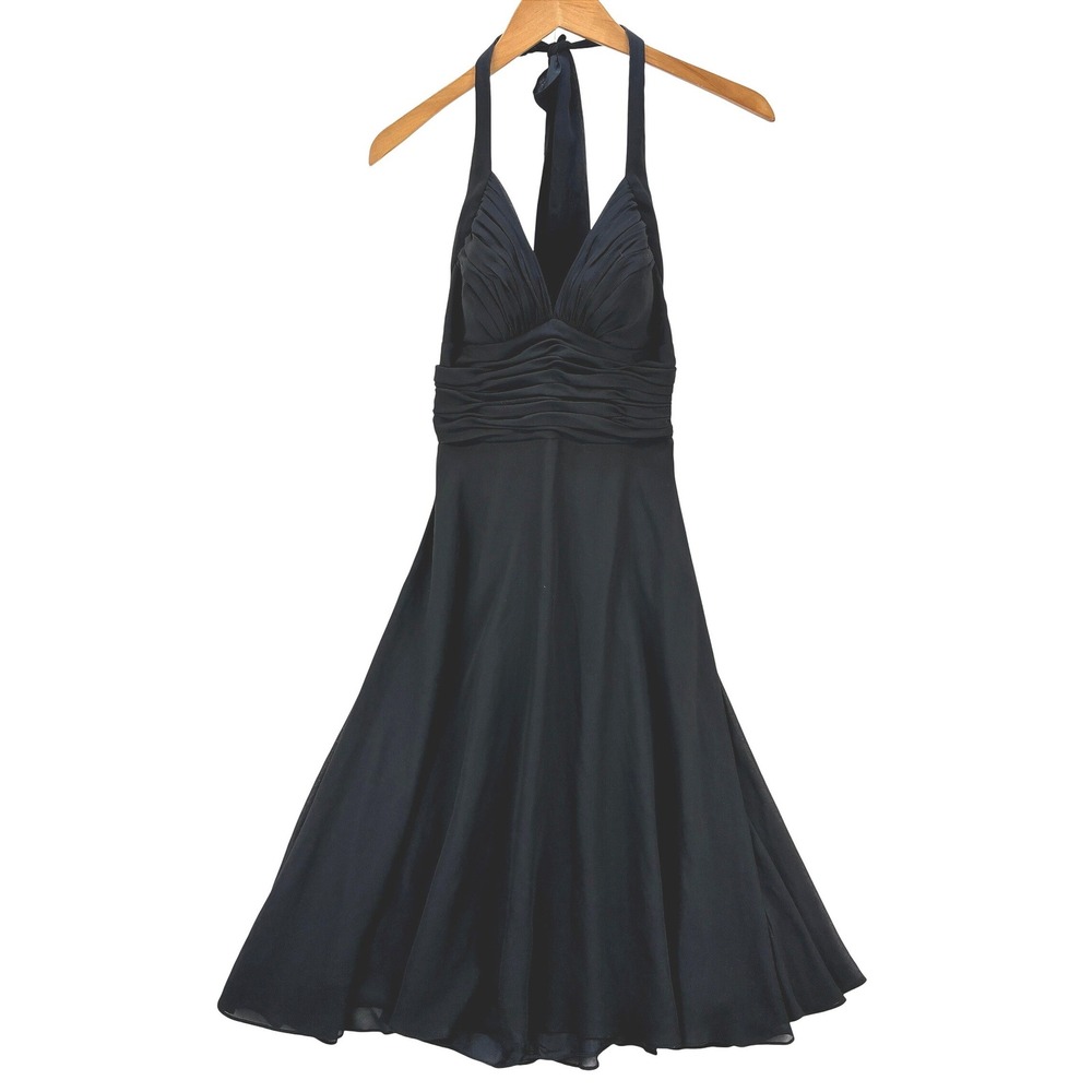 White House Black Market Halter A-Line Dress Ruched Pleated Women's 4 Black